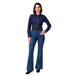 IT'S RICH Vintage 70s Denim Button Up Shirt Pointed Collar Western Romantic sz 0